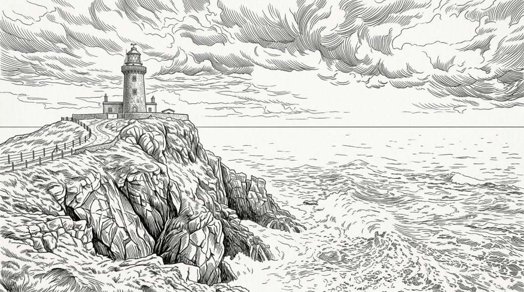 Lighthouse on a cliff by stormy sea with crashing waves and dark clouds