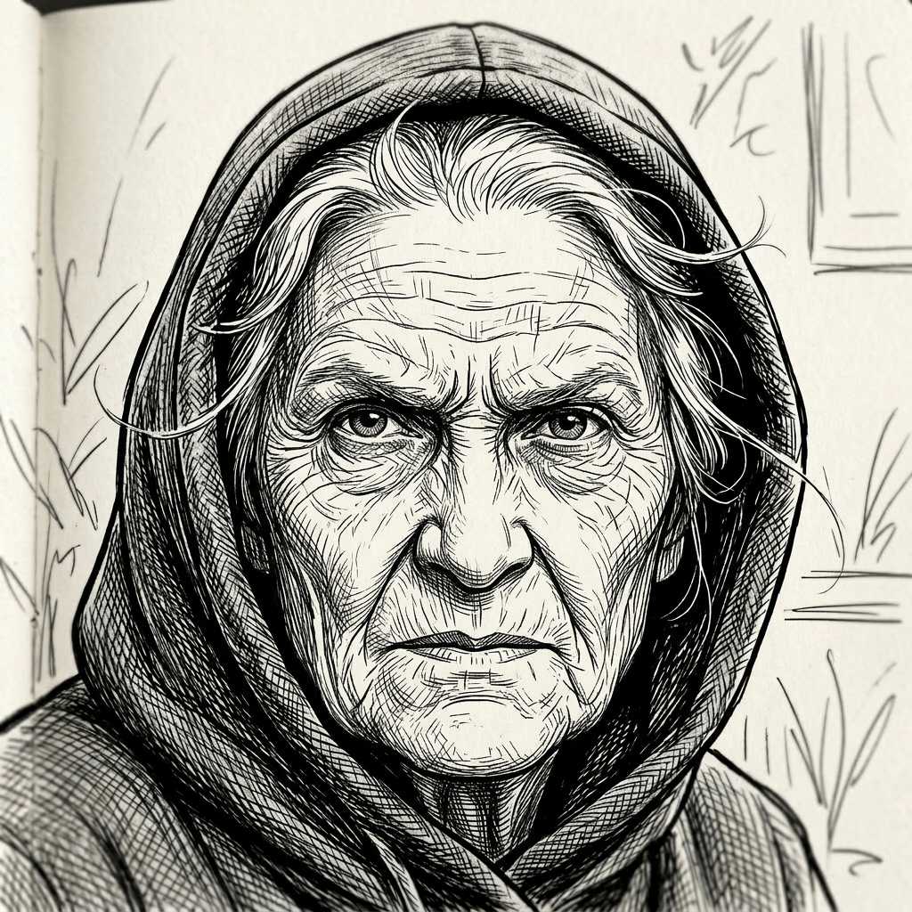 Elderly woman with glasses and hooded garment, detailed facial lines