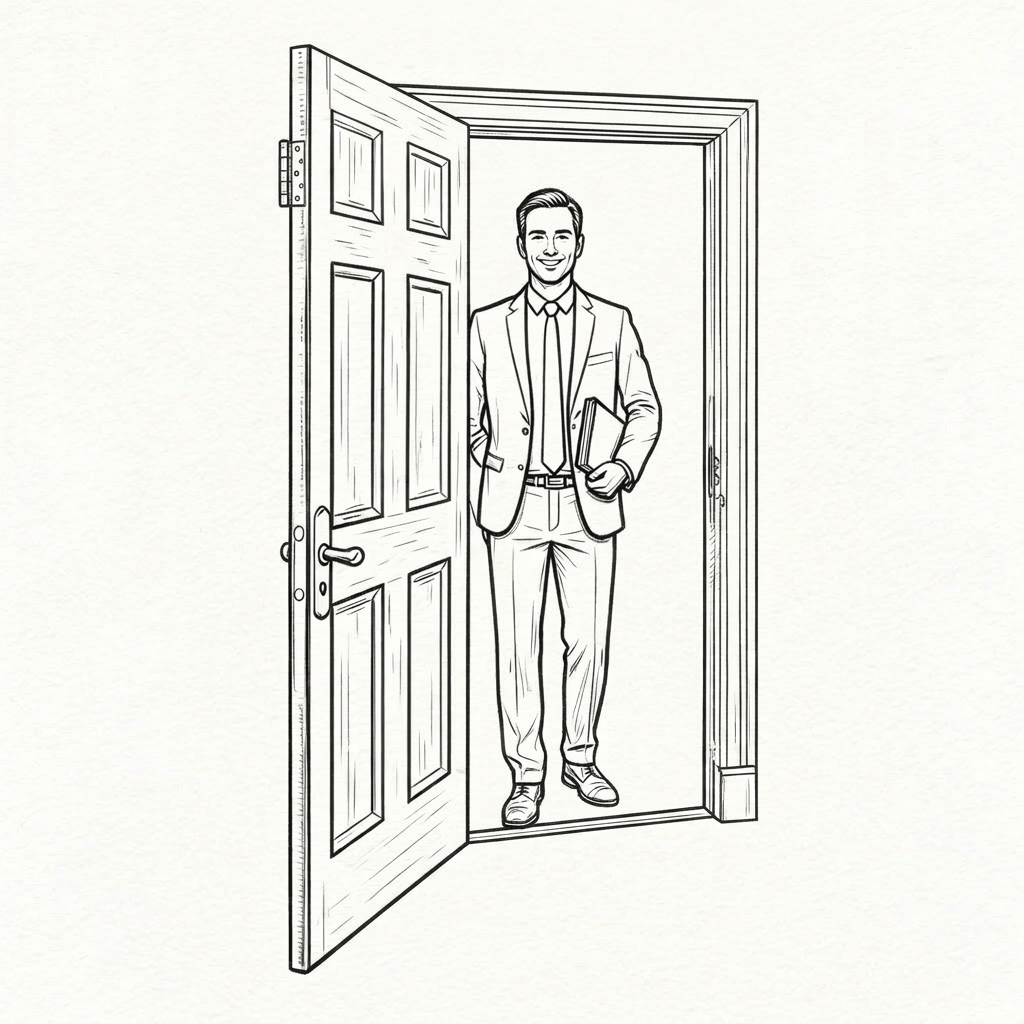 Man in business suit holding briefcase and folder standing at an open front door with welcome mat