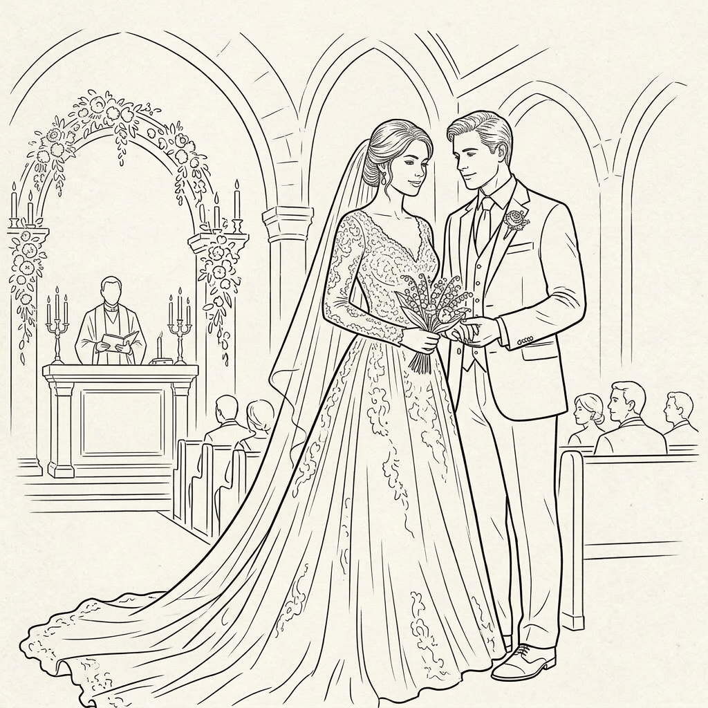 Bride in wedding gown holding dagger behind back at altar