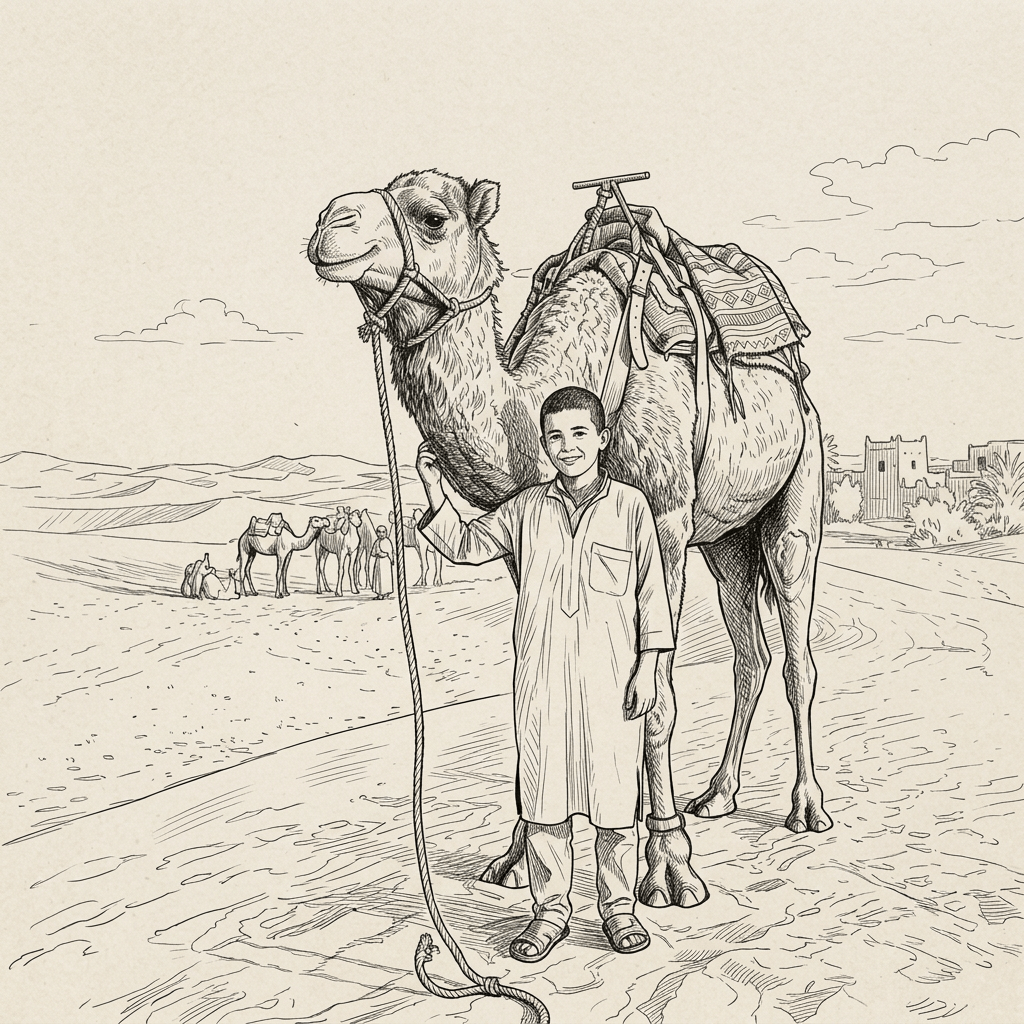 A boy in traditional clothing holding the reins of a saddled camel in the desert