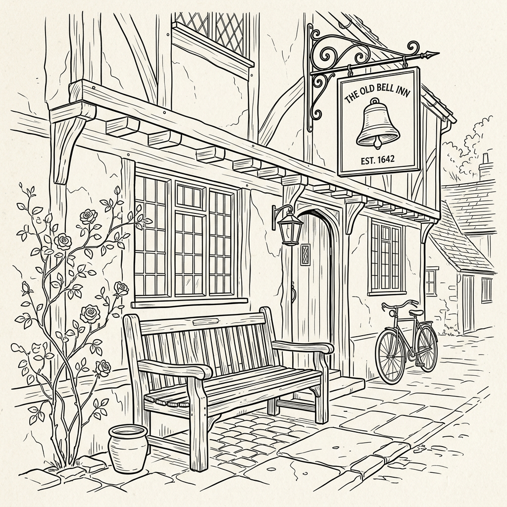 Exterior of The Old Bell Inn with wooden bench and bicycle
