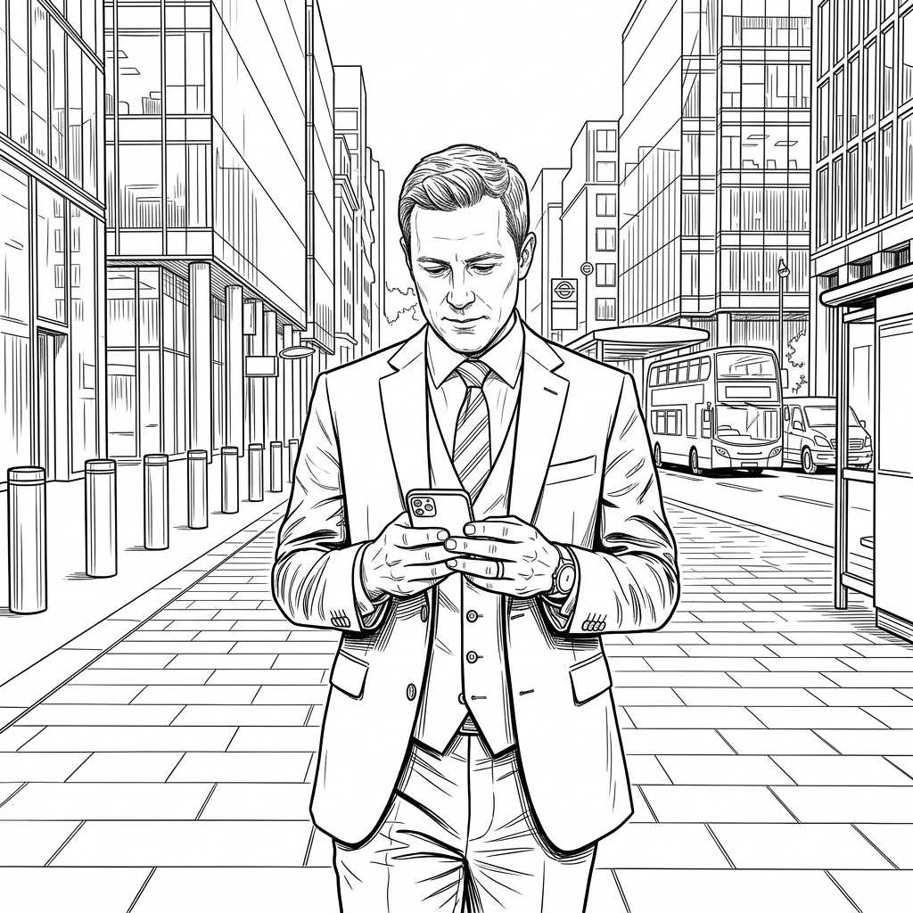 Businessman in blue suit using smartphone on city sidewalk