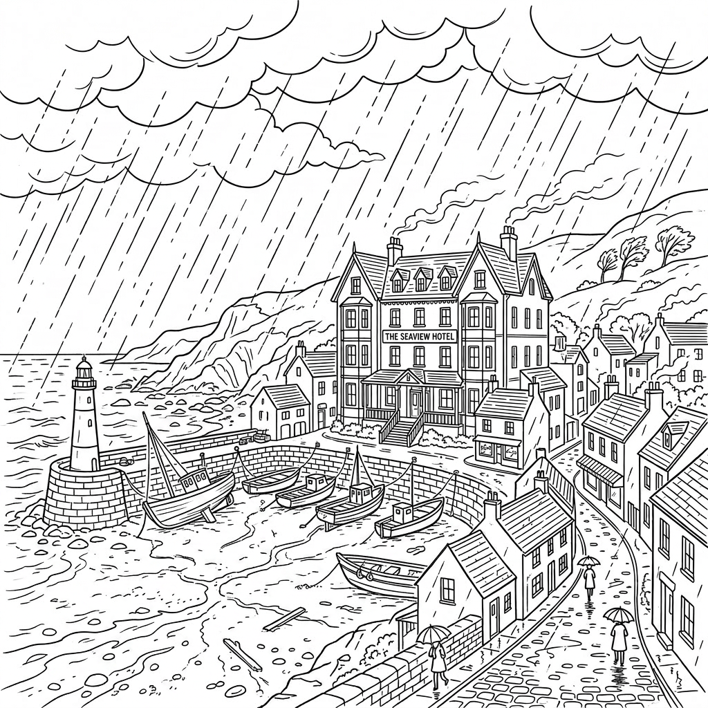 Coastal village with lighthouse, boats, and hotel during rain